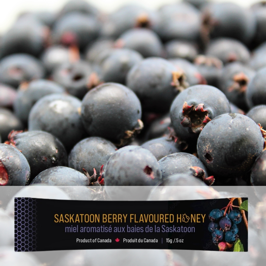 Saskatoon Berry flavoured honey in a 15g single use package