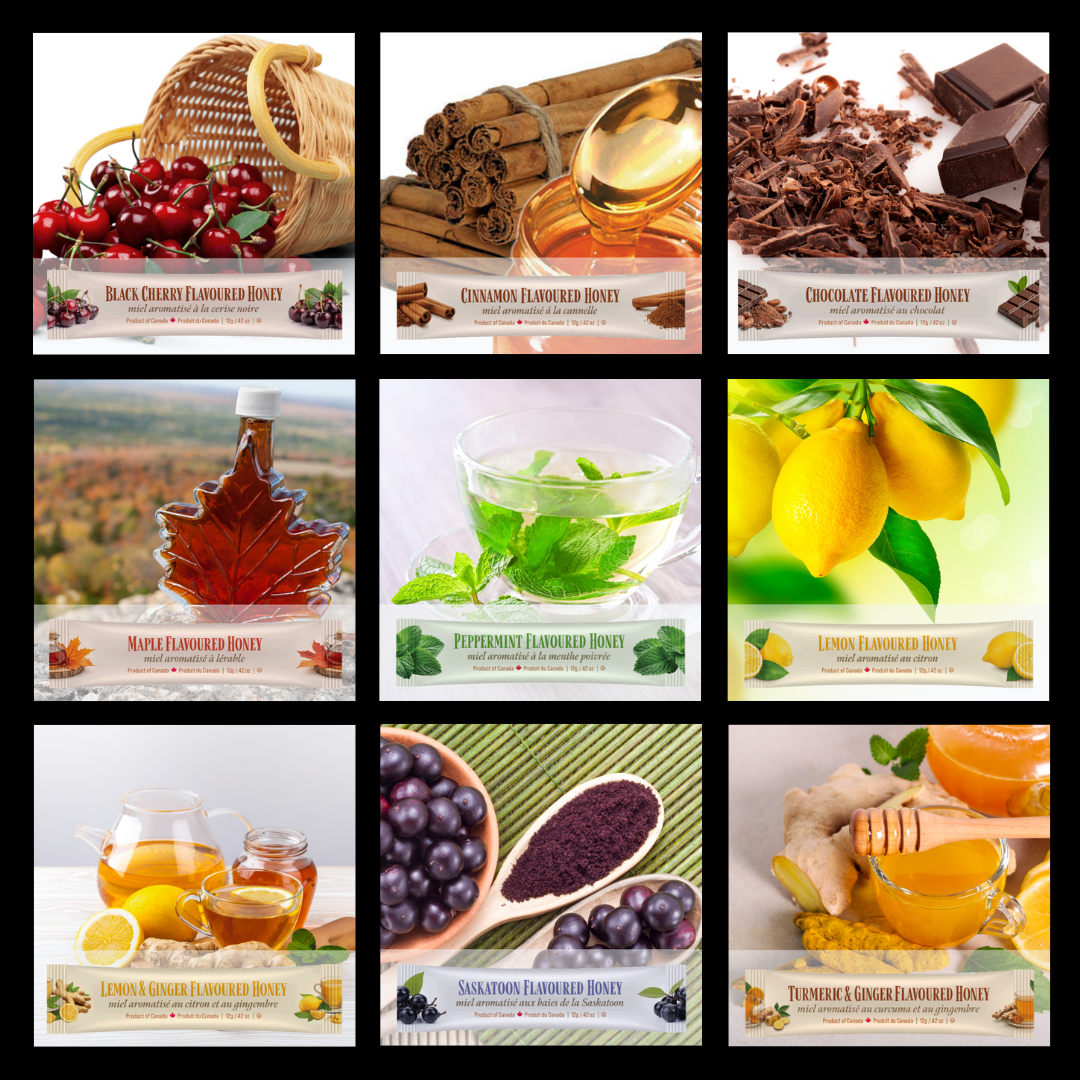 Collage of various flavoured honey mini squeeze packages with images of their flavours in the background.
