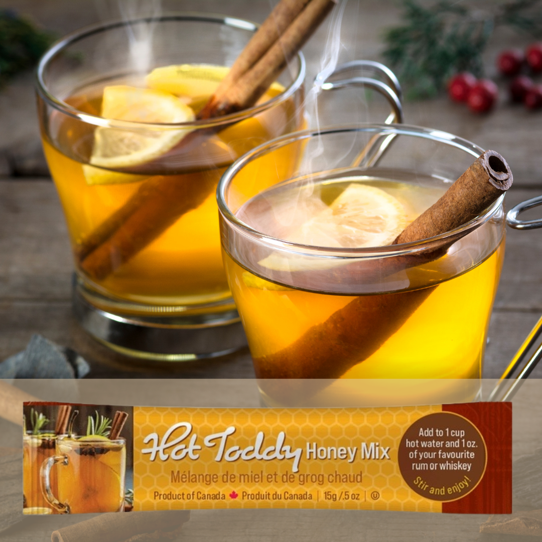 Non-alcoholic Hot Toddy Honey mix in a 15g single use package. Add to hot water and to 1 oz of rum or whiskey.