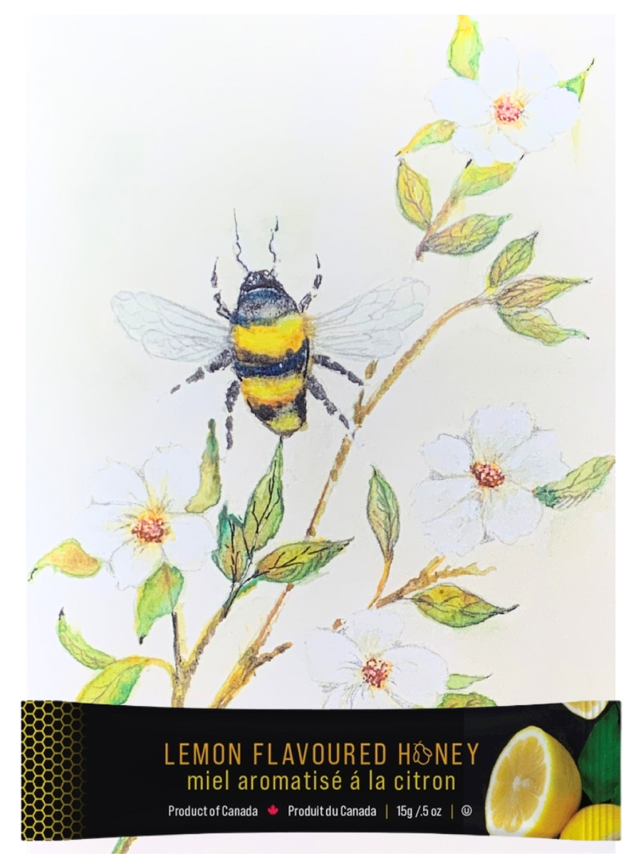 Bee and Dogwood artisan card with a 15g package of lemon flavoured honey