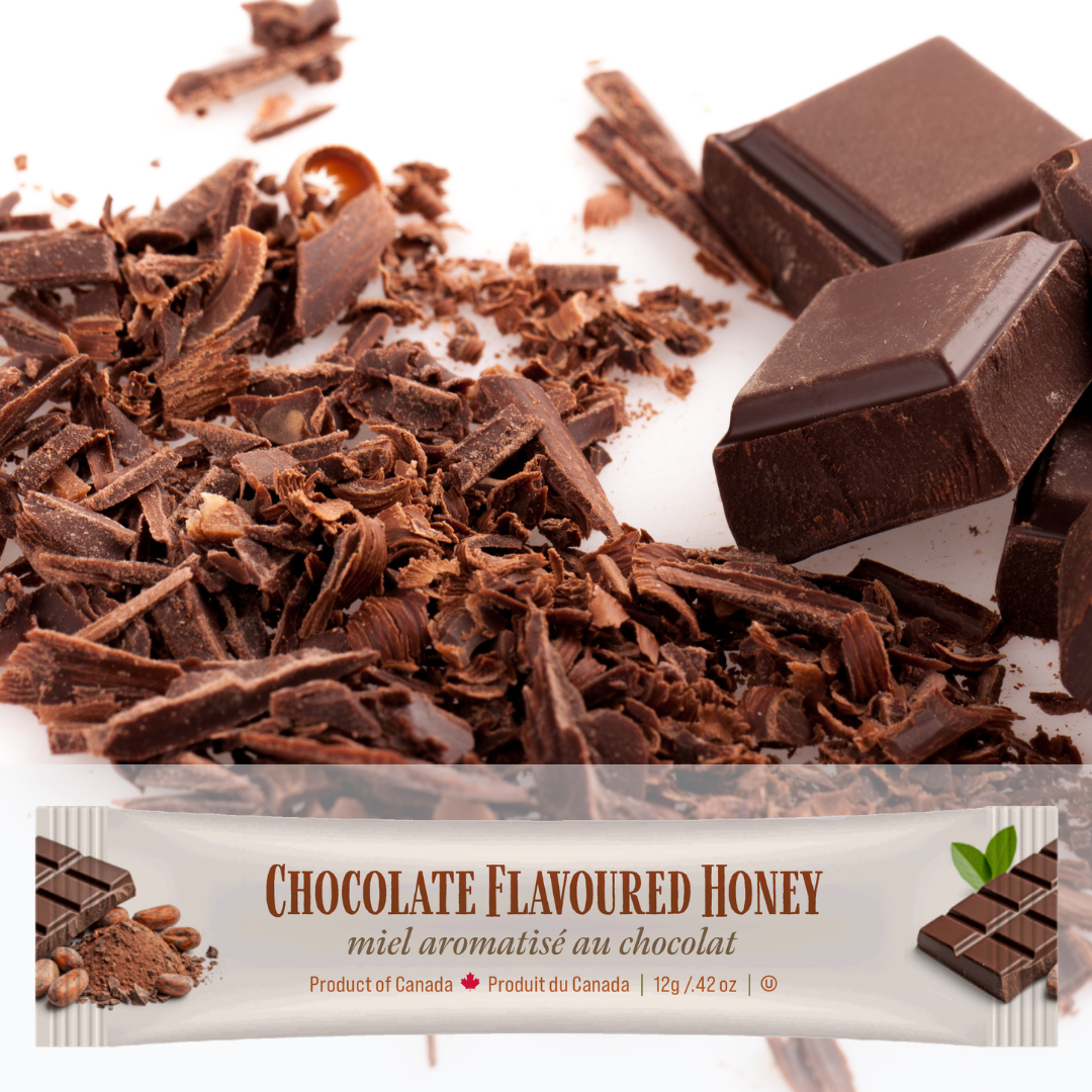 Chocolate-flavored honey with chocolate shavings and bars on a white background