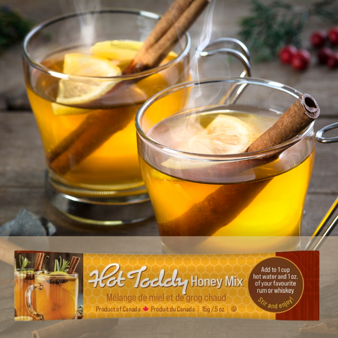 Non-alcoholic Hot Toddy Honey mix in a 15g single use package.  Add to hot water and to 1 oz of rum or whiskey.