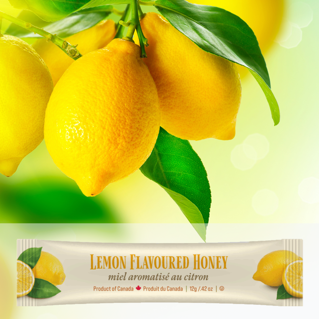 A mini squeeze pack of Tu-Bees Lemon-flavored honey with lemons on a green background