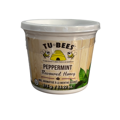 A 375g tub of Tu-Bees Peppermint flavoured honey, OU Kosher, Product of Canada, with a white background