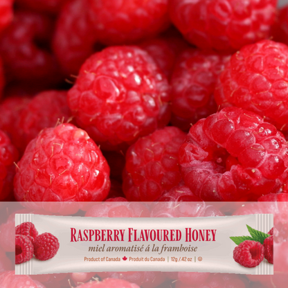 Raspberry-flavored honey package with raspberries in the background