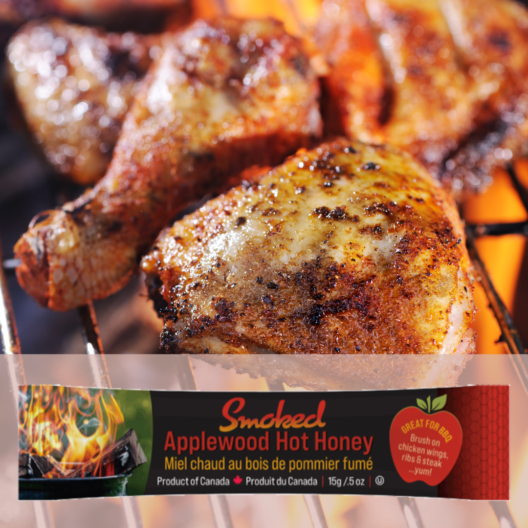 Smoked Applewood Hot Honey in a 15g single use package. Great for barbecues! Brush on chicken wings, ribs & steak - Yum!