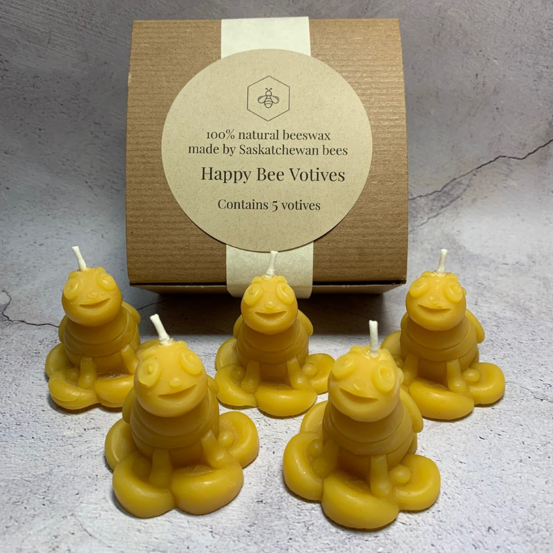 Set of 5 Happy Bee votives made from 100% pure beeswax