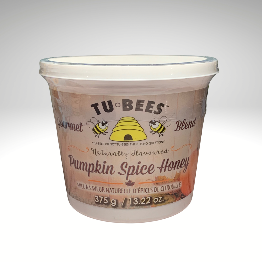 A 375g tub of Tu-Bees Pumpkin Spice flavoured honey, OU Kosher, Product of Canada, with a white background