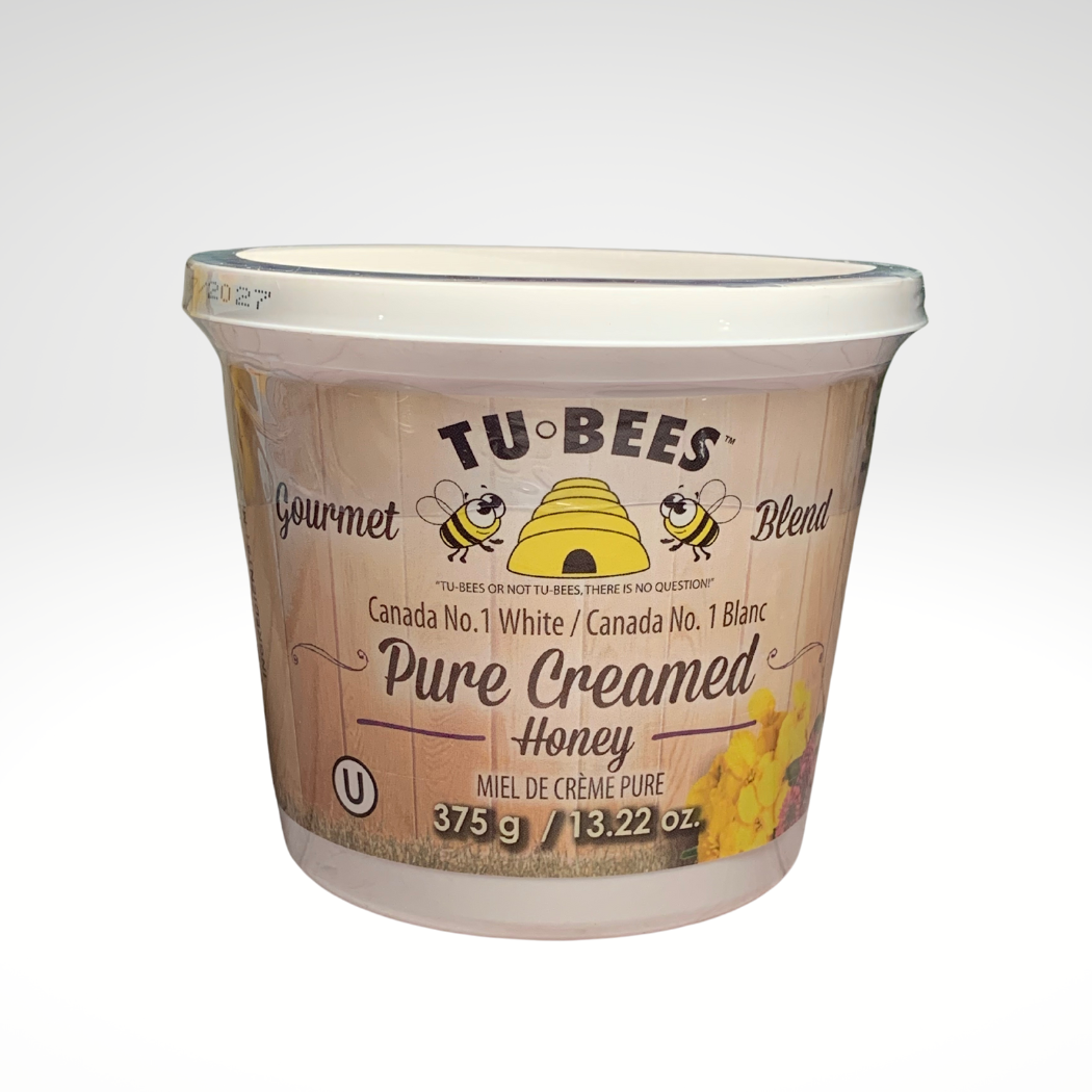 A 375g tub of Tu-Bees Pure Creamed honey. Canada No. 1 White - OU Kosher on a white background