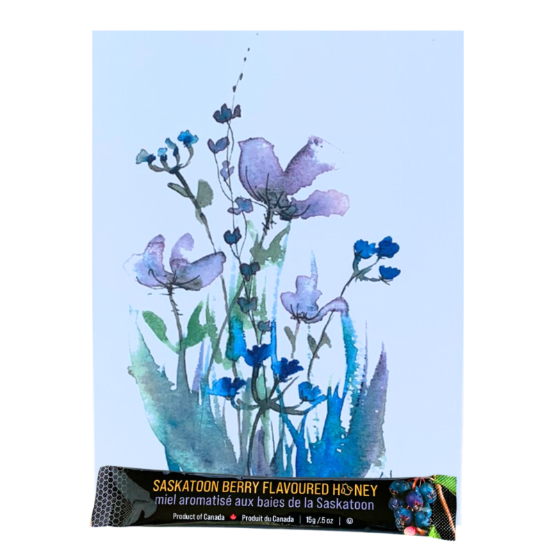Purple cornflower card with a 15g mini squeeze package of TuBees Honey