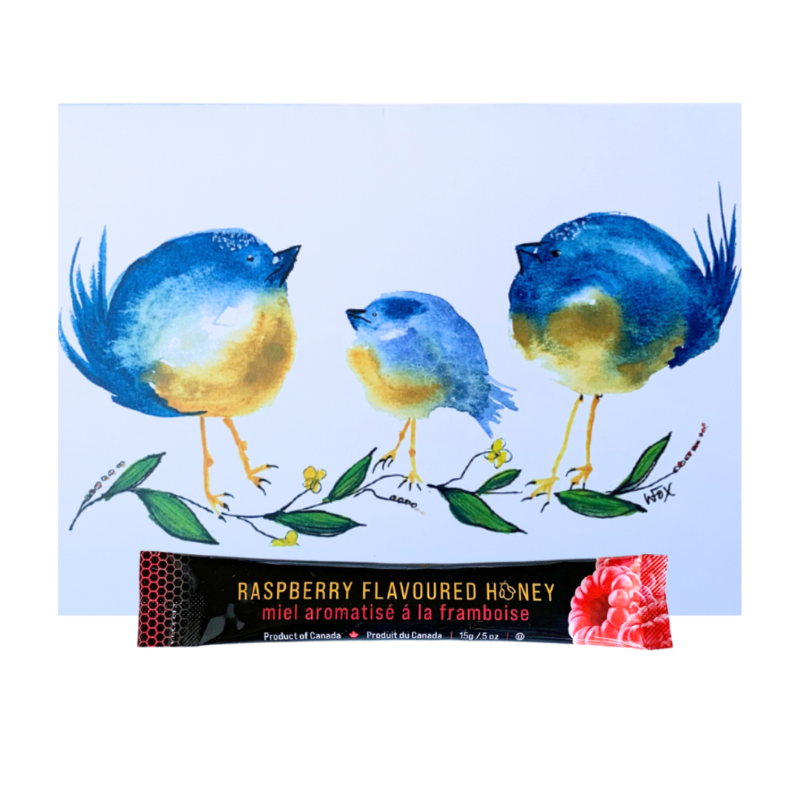 Three Blue Birds Card with a 15g mini squeeze package of TuBees Honey