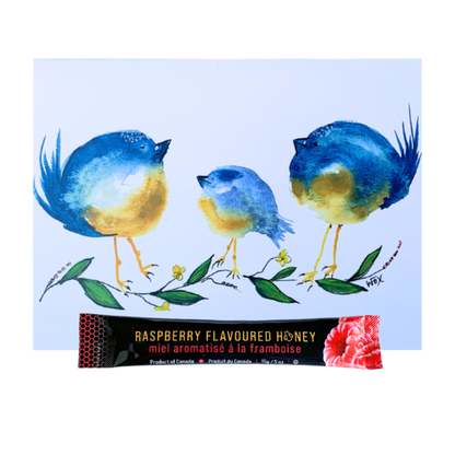 Three Blue Birds Card with a 15g mini squeeze package of TuBees Honey
